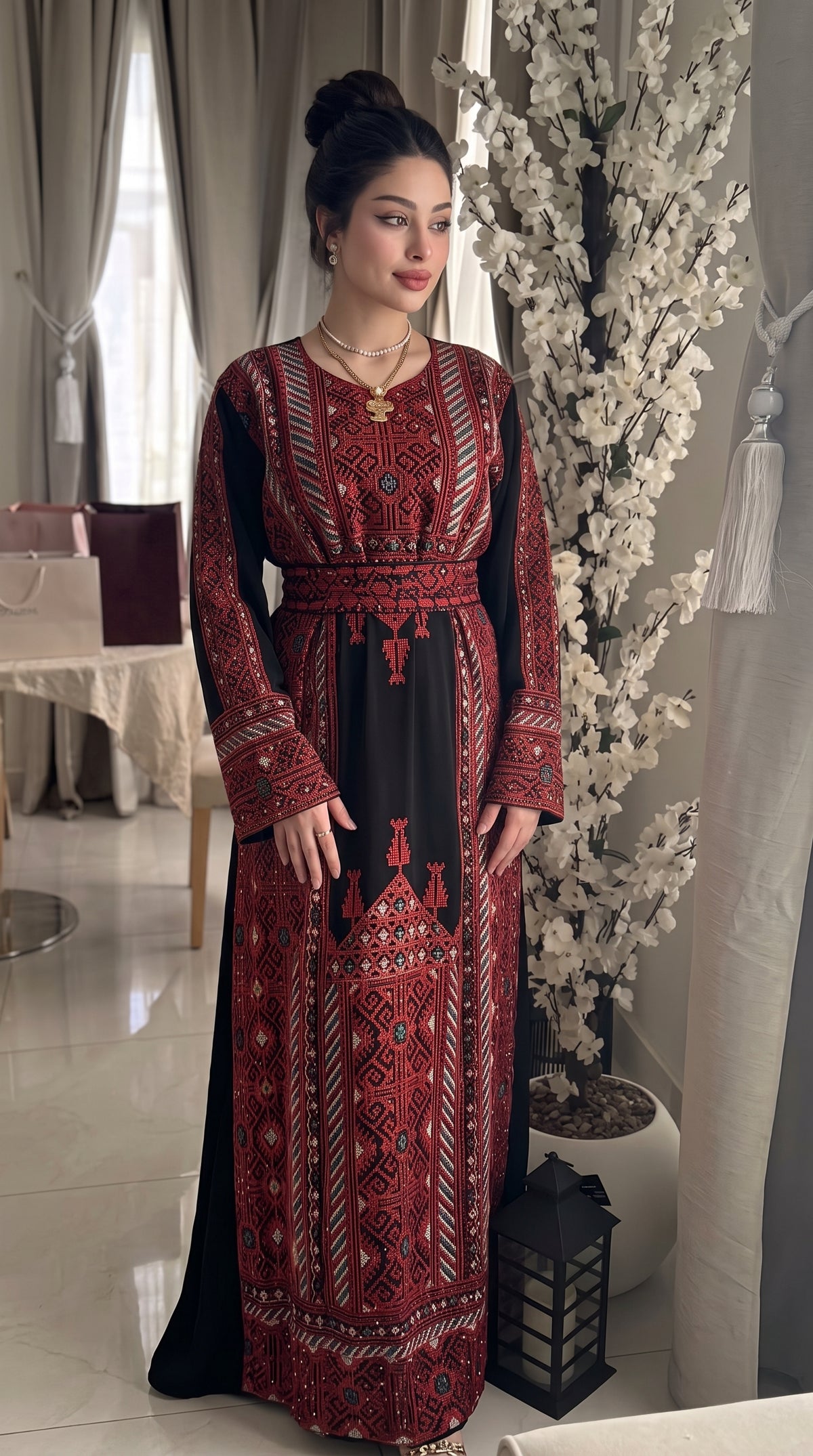 Geometric Embroidered Belted Kaftan